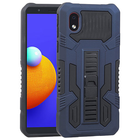 Coque Contour Silicone et Plastique Housse Etui Mat avec Support YF1 pour Samsung Galaxy A01 Core Bleu