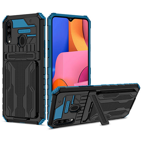 Coque Contour Silicone et Plastique Housse Etui Mat avec Support YF1 pour Samsung Galaxy A20s Bleu