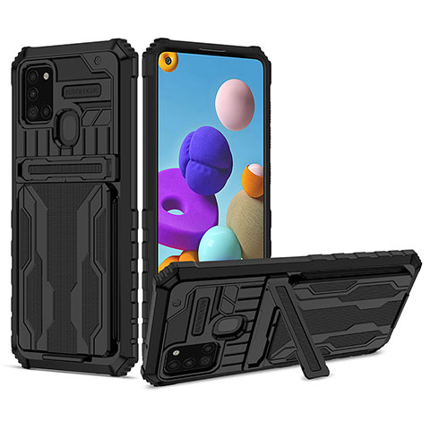 Coque Contour Silicone et Plastique Housse Etui Mat avec Support YF1 pour Samsung Galaxy A21s Noir