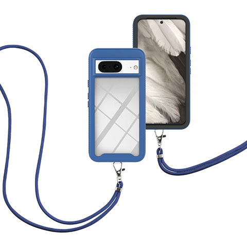 Coque Contour Silicone et Plastique Housse Etui Protection Integrale 360 Degres avec Laniere Strap pour Google Pixel 8 5G Bleu