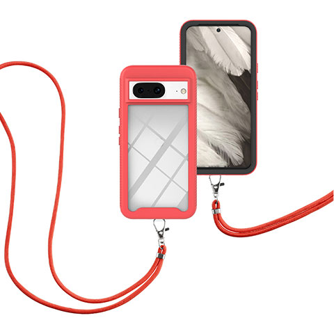 Coque Contour Silicone et Plastique Housse Etui Protection Integrale 360 Degres avec Laniere Strap pour Google Pixel 8 5G Rouge