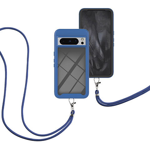 Coque Contour Silicone et Plastique Housse Etui Protection Integrale 360 Degres avec Laniere Strap pour Google Pixel 8 Pro 5G Bleu