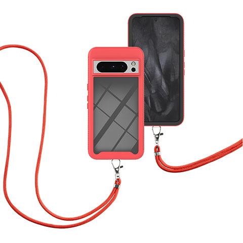 Coque Contour Silicone et Plastique Housse Etui Protection Integrale 360 Degres avec Laniere Strap pour Google Pixel 8 Pro 5G Rouge