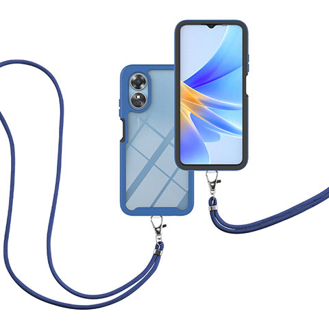 Coque Contour Silicone et Plastique Housse Etui Protection Integrale 360 Degres avec Laniere Strap pour Oppo A17 Bleu