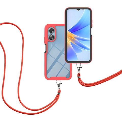 Coque Contour Silicone et Plastique Housse Etui Protection Integrale 360 Degres avec Laniere Strap pour Oppo A17 Rouge