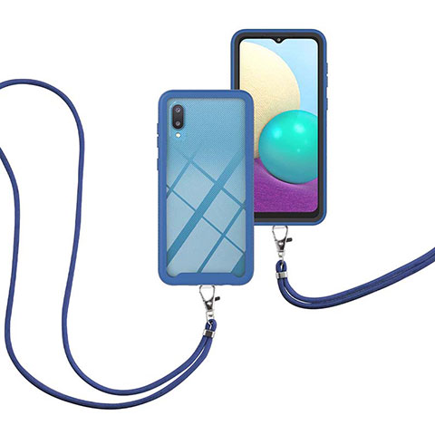 Coque Contour Silicone et Plastique Housse Etui Protection Integrale 360 Degres avec Laniere Strap pour Samsung Galaxy A02 Bleu