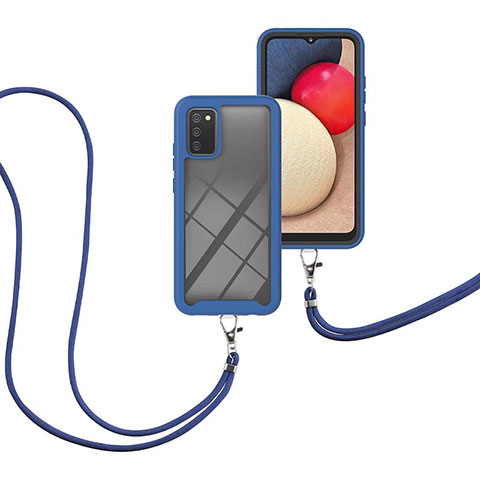 Coque Contour Silicone et Plastique Housse Etui Protection Integrale 360 Degres avec Laniere Strap pour Samsung Galaxy A03s Bleu