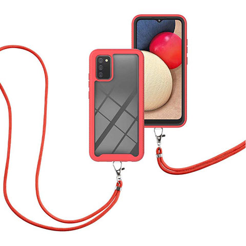 Coque Contour Silicone et Plastique Housse Etui Protection Integrale 360 Degres avec Laniere Strap pour Samsung Galaxy A03s Rouge