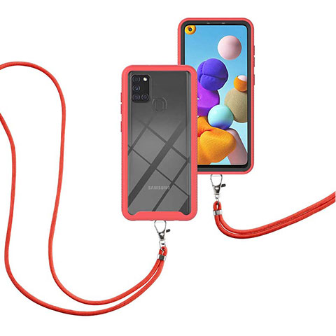 Coque Contour Silicone et Plastique Housse Etui Protection Integrale 360 Degres avec Laniere Strap pour Samsung Galaxy A21s Rouge