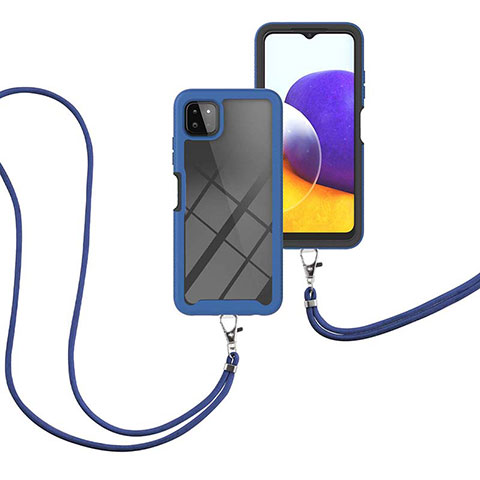 Coque Contour Silicone et Plastique Housse Etui Protection Integrale 360 Degres avec Laniere Strap pour Samsung Galaxy A22s 5G Bleu