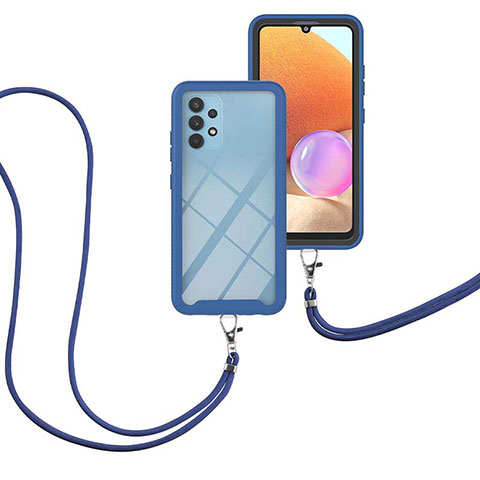 Coque Contour Silicone et Plastique Housse Etui Protection Integrale 360 Degres avec Laniere Strap pour Samsung Galaxy A32 5G Bleu