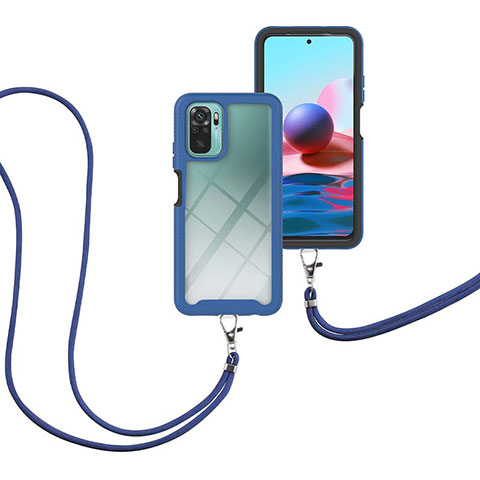 Coque Contour Silicone et Plastique Housse Etui Protection Integrale 360 Degres avec Laniere Strap pour Xiaomi Redmi Note 10 4G Bleu
