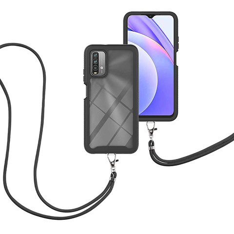 Coque Contour Silicone et Plastique Housse Etui Protection Integrale 360 Degres avec Laniere Strap pour Xiaomi Redmi Note 9 4G Noir