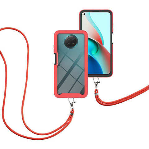 Coque Contour Silicone et Plastique Housse Etui Protection Integrale 360 Degres avec Laniere Strap pour Xiaomi Redmi Note 9 5G Rouge