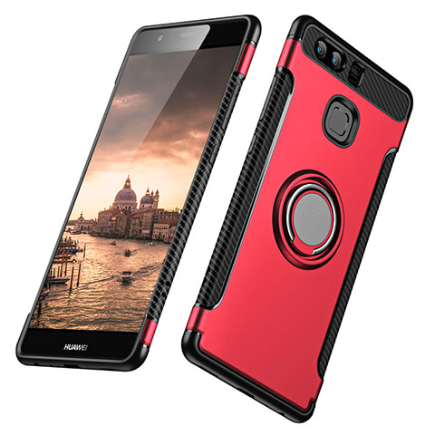 Coque Contour Silicone et Plastique Mat avec Support Bague Anneau pour Huawei P9 Rouge