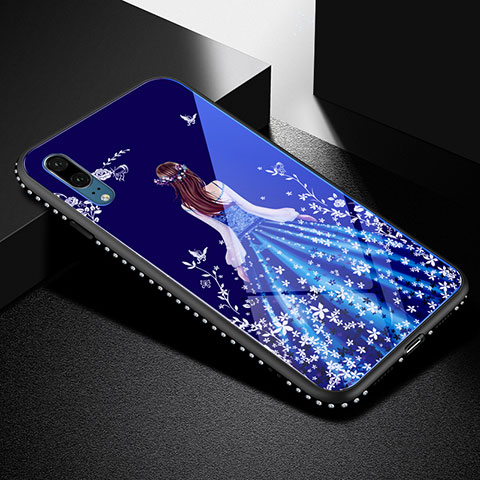 Coque Contour Silicone et Vitre Dos de Fille Miroir Etui Housse pour Huawei P20 Bleu