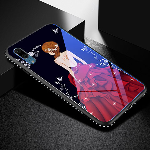 Coque Contour Silicone et Vitre Dos de Fille Miroir Etui Housse pour Huawei P20 Rouge et Noir