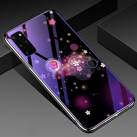 Coque Contour Silicone et Vitre Fleurs Miroir Etui Housse M01 pour Samsung Galaxy S20 Plus Violet