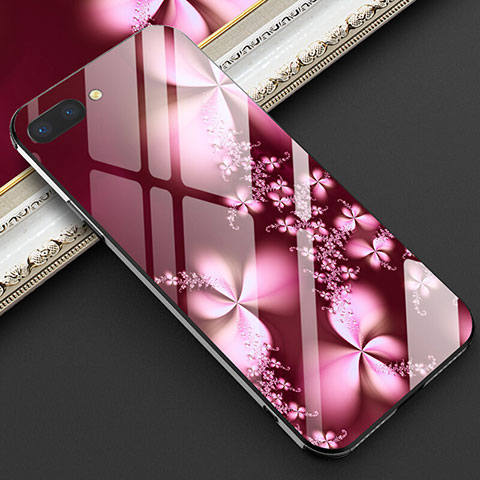 Coque Contour Silicone et Vitre Fleurs Miroir Etui Housse M03 pour Oppo RX17 Neo Rouge