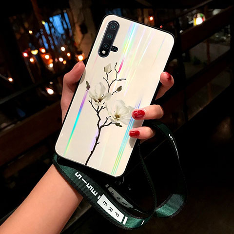 Coque Contour Silicone et Vitre Fleurs Miroir Etui Housse pour Huawei Nova 5 Pro Blanc