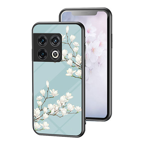 Coque Contour Silicone et Vitre Fleurs Miroir Etui Housse pour OnePlus 10 Pro 5G Cyan