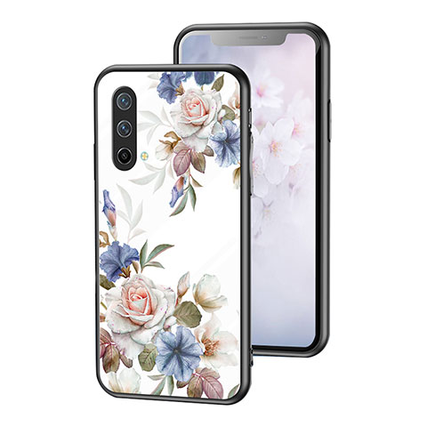 Coque Contour Silicone et Vitre Fleurs Miroir Etui Housse pour OnePlus Nord CE 5G Blanc