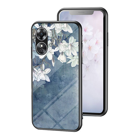 Coque Contour Silicone et Vitre Fleurs Miroir Etui Housse pour Oppo A17 Bleu