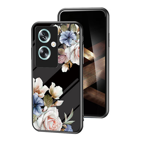 Coque Contour Silicone et Vitre Fleurs Miroir Etui Housse pour Oppo A79 5G Noir