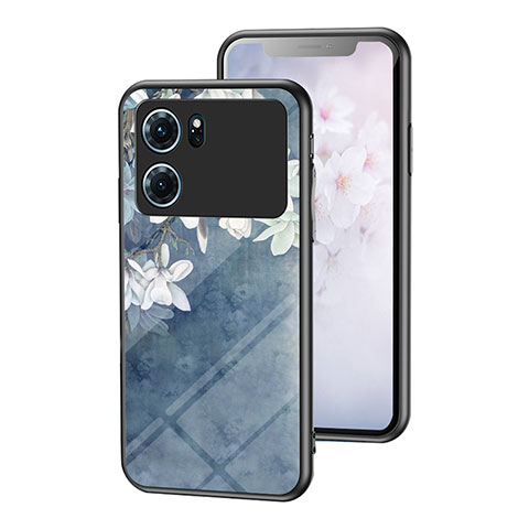 Coque Contour Silicone et Vitre Fleurs Miroir Etui Housse pour Oppo K10 5G Bleu