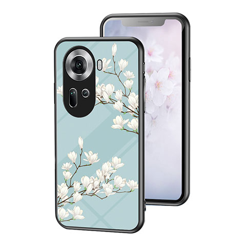 Coque Contour Silicone et Vitre Fleurs Miroir Etui Housse pour Oppo Reno11 5G Cyan