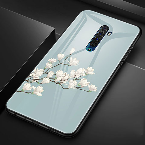 Coque Contour Silicone et Vitre Fleurs Miroir Etui Housse pour Oppo Reno2 Cyan