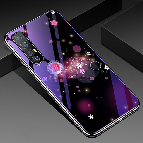 Coque Contour Silicone et Vitre Fleurs Miroir Etui Housse pour Oppo Reno3 Pro Violet