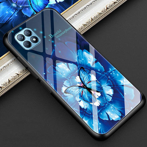 Coque Contour Silicone et Vitre Fleurs Miroir Etui Housse pour Oppo Reno4 SE 5G Bleu Ciel