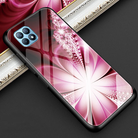 Coque Contour Silicone et Vitre Fleurs Miroir Etui Housse pour Oppo Reno4 SE 5G Rose