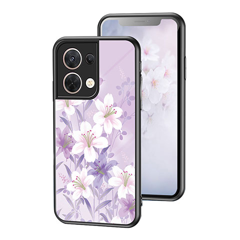 Coque Contour Silicone et Vitre Fleurs Miroir Etui Housse pour Oppo Reno8 5G Violet Clair