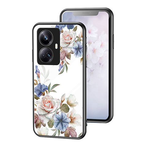 Coque Contour Silicone et Vitre Fleurs Miroir Etui Housse pour Realme 10 Pro+ Plus 5G Blanc