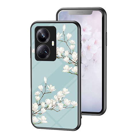 Coque Contour Silicone et Vitre Fleurs Miroir Etui Housse pour Realme 10 Pro+ Plus 5G Cyan