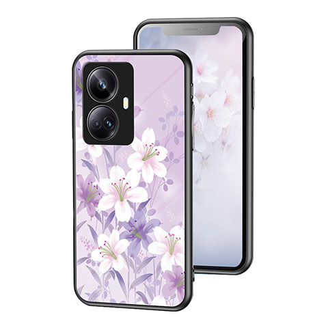 Coque Contour Silicone et Vitre Fleurs Miroir Etui Housse pour Realme 10 Pro+ Plus 5G Violet Clair