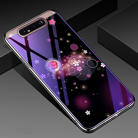 Coque Contour Silicone et Vitre Fleurs Miroir Etui Housse pour Samsung Galaxy A80 Violet