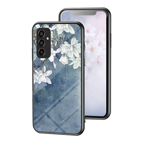 Coque Contour Silicone et Vitre Fleurs Miroir Etui Housse pour Samsung Galaxy F13 4G Bleu