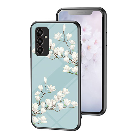 Coque Contour Silicone et Vitre Fleurs Miroir Etui Housse pour Samsung Galaxy F13 4G Cyan