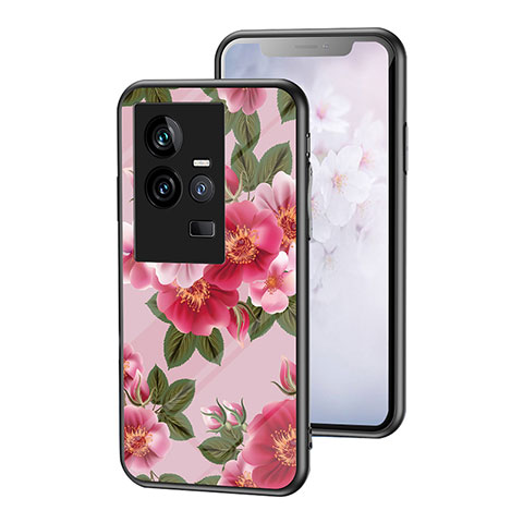 Coque Contour Silicone et Vitre Fleurs Miroir Etui Housse pour Vivo iQOO 11 5G Rouge