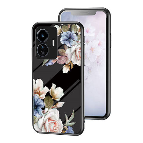 Coque Contour Silicone et Vitre Fleurs Miroir Etui Housse pour Vivo iQOO Z6 Lite 5G Noir