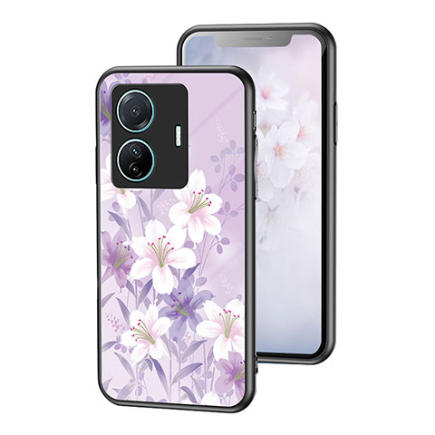 Coque Contour Silicone et Vitre Fleurs Miroir Etui Housse pour Vivo iQOO Z6 Pro 5G Violet Clair