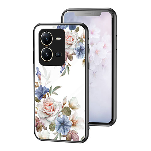 Coque Contour Silicone et Vitre Fleurs Miroir Etui Housse pour Vivo V25e Blanc