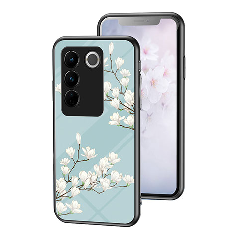 Coque Contour Silicone et Vitre Fleurs Miroir Etui Housse pour Vivo V27 Pro 5G Cyan