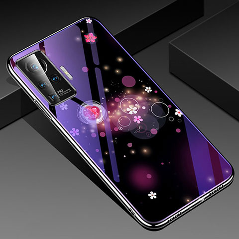 Coque Contour Silicone et Vitre Fleurs Miroir Etui Housse pour Vivo X50 Pro 5G Violet