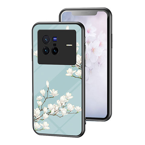 Coque Contour Silicone et Vitre Fleurs Miroir Etui Housse pour Vivo X80 5G Cyan