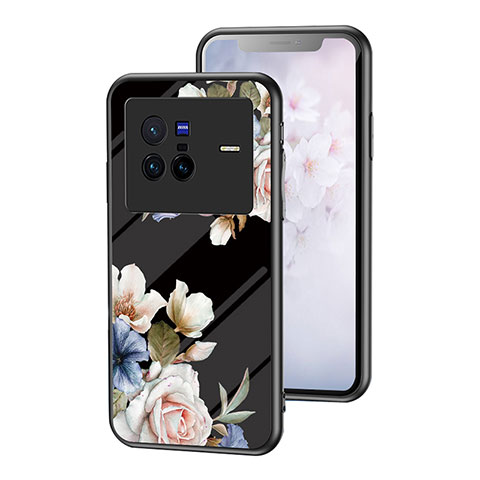 Coque Contour Silicone et Vitre Fleurs Miroir Etui Housse pour Vivo X80 5G Noir