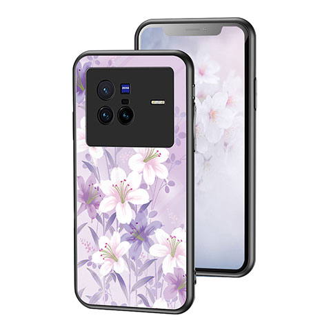 Coque Contour Silicone et Vitre Fleurs Miroir Etui Housse pour Vivo X80 5G Violet Clair